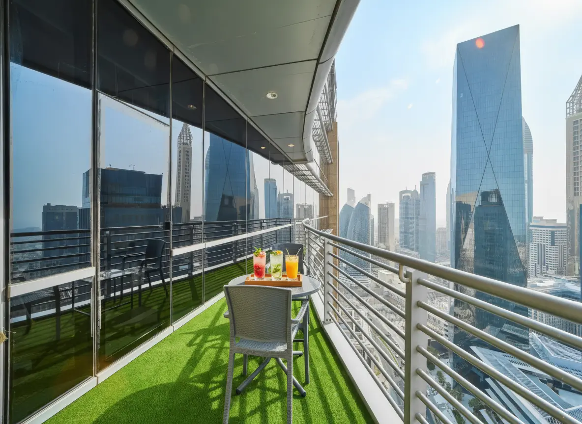 Sky View Studio balcony set for an evening with city views
