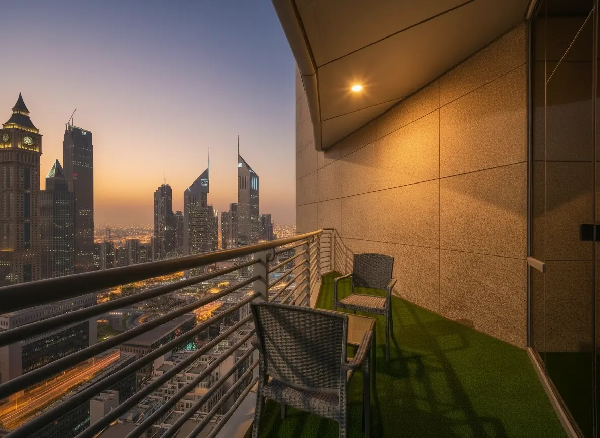 Sky View Studio balcony with sunset skyline views from the 35th floor of Sky Gardens DIFC