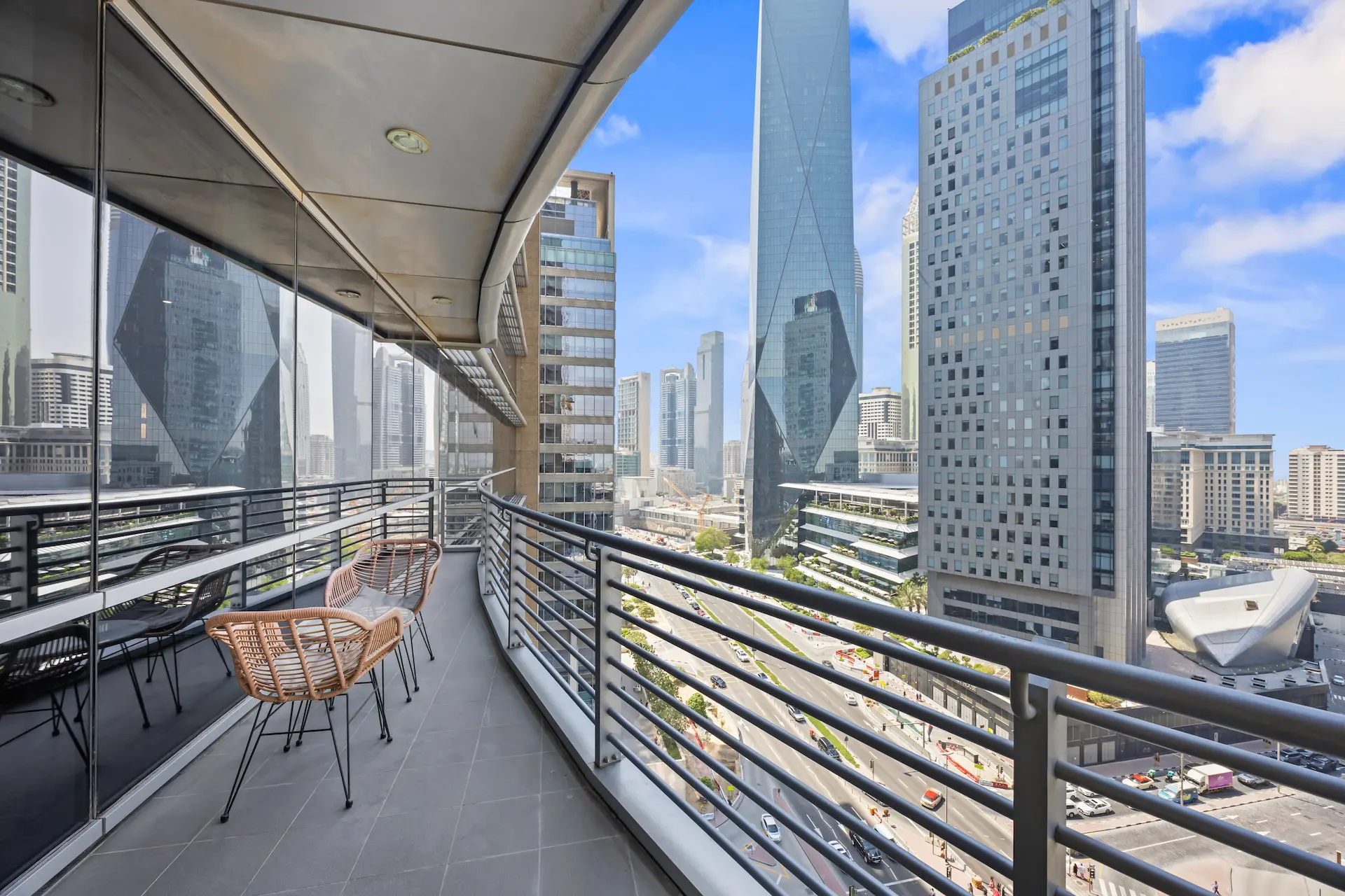 Private balcony with DIFC skyline views from executive studio Sky Gardens Dubai