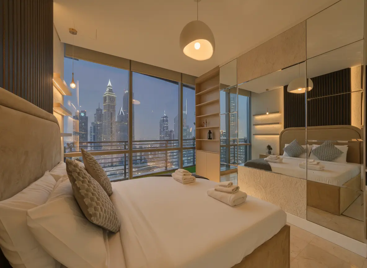 Sky View Studio bedroom with Dubai skyline at night on the 35th floor of Sky Gardens DIFC