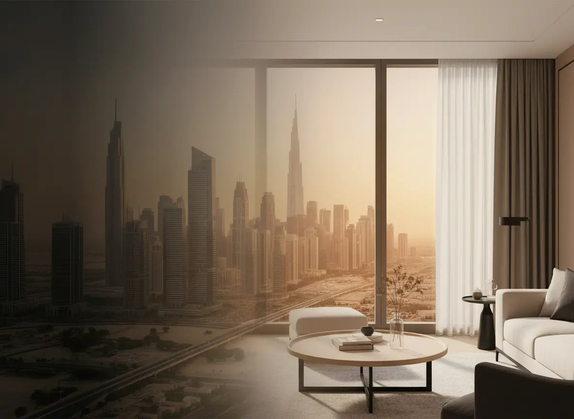 Dubai skyline view from luxury serviced apartment — contact YOUR STAY for corporate housing and beachfront stays