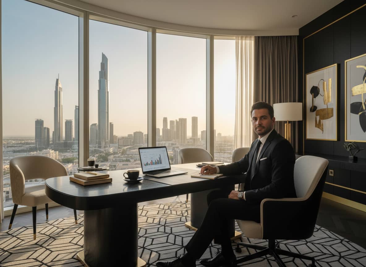 Executive working in a luxury serviced apartment workspace in DIFC, Dubai