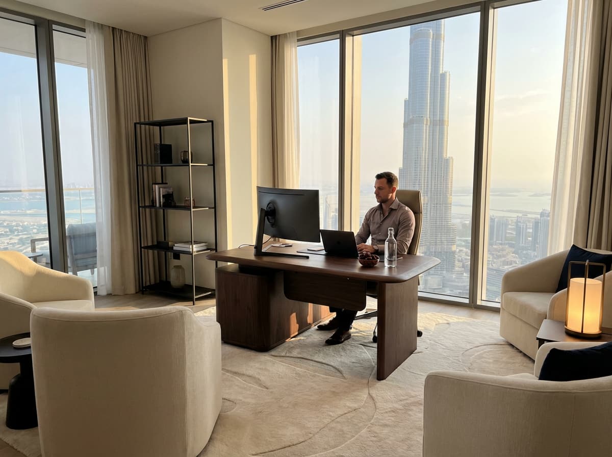 Executive working from luxury DIFC apartment with Burj Khalifa views during Ramadan