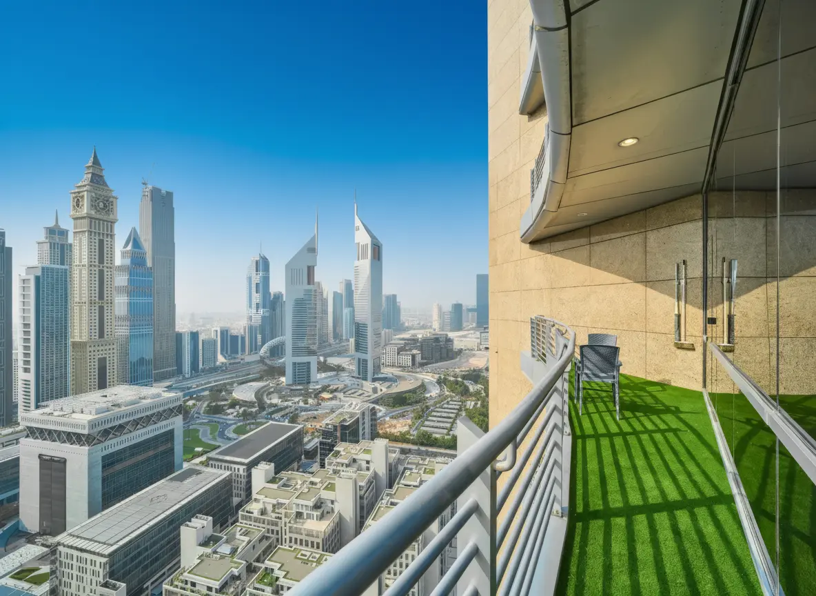 Sky View Studio skyline view from the 35th floor of Sky Gardens DIFC Dubai
