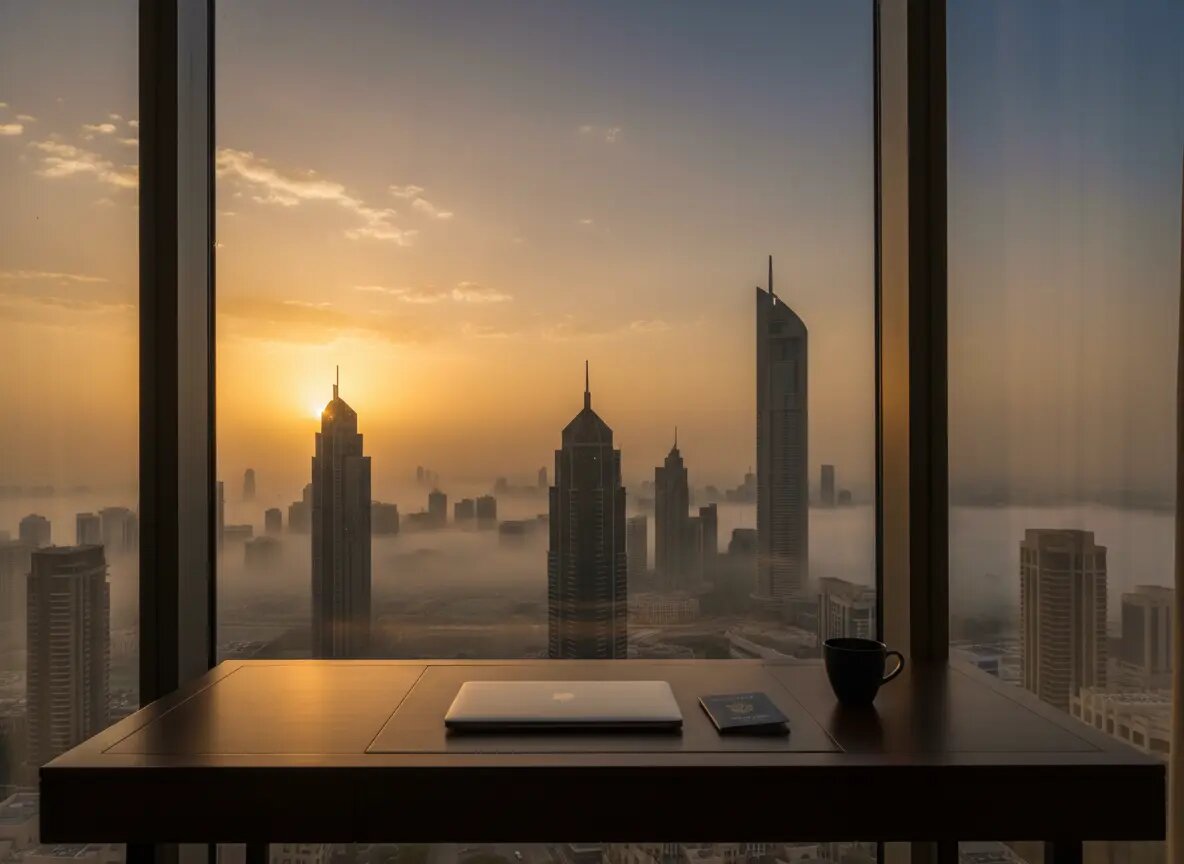 Corporate traveller overlooking the DIFC skyline from a serviced residence in Dubai