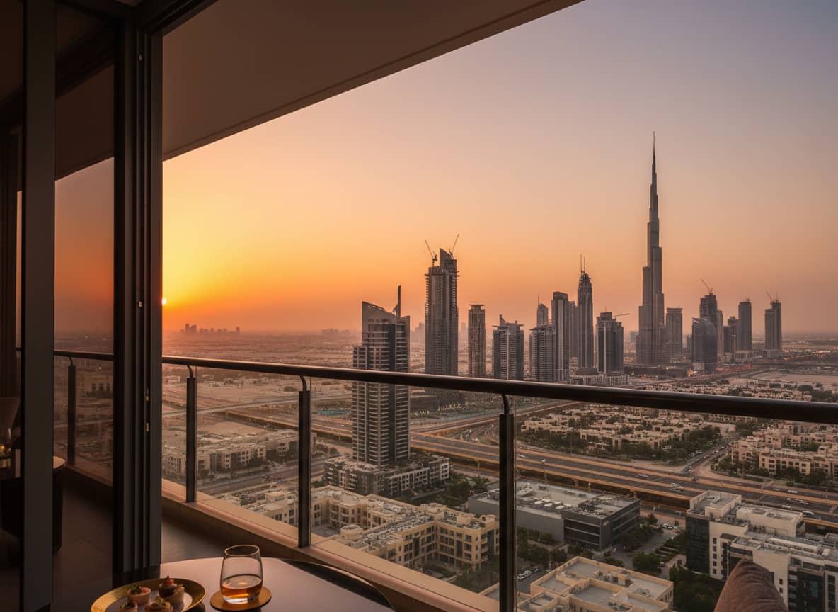 DIFC and Dubai skyline at sunset