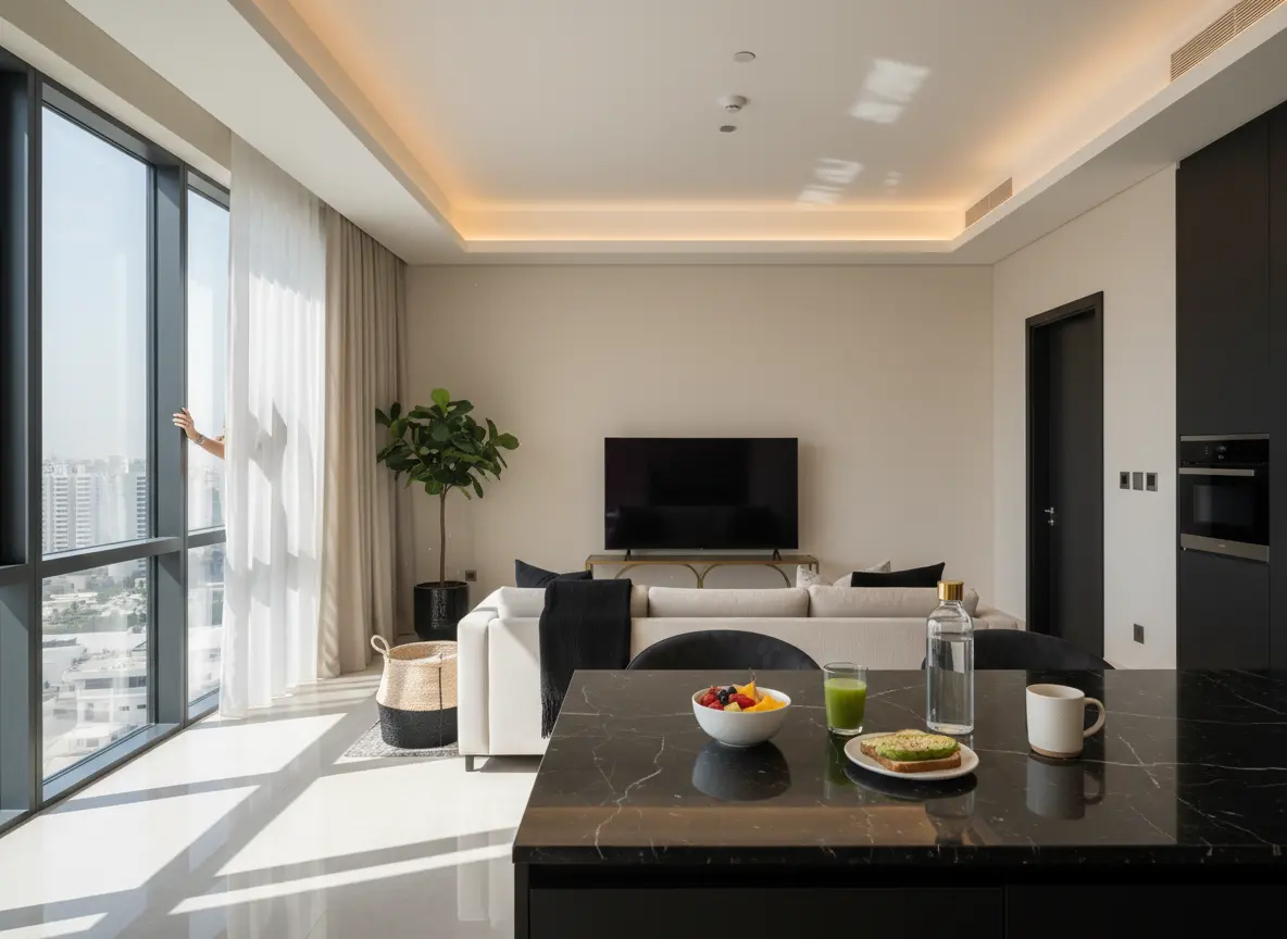 Long-stay guest keeping a healthy morning routine in a Dubai serviced apartment