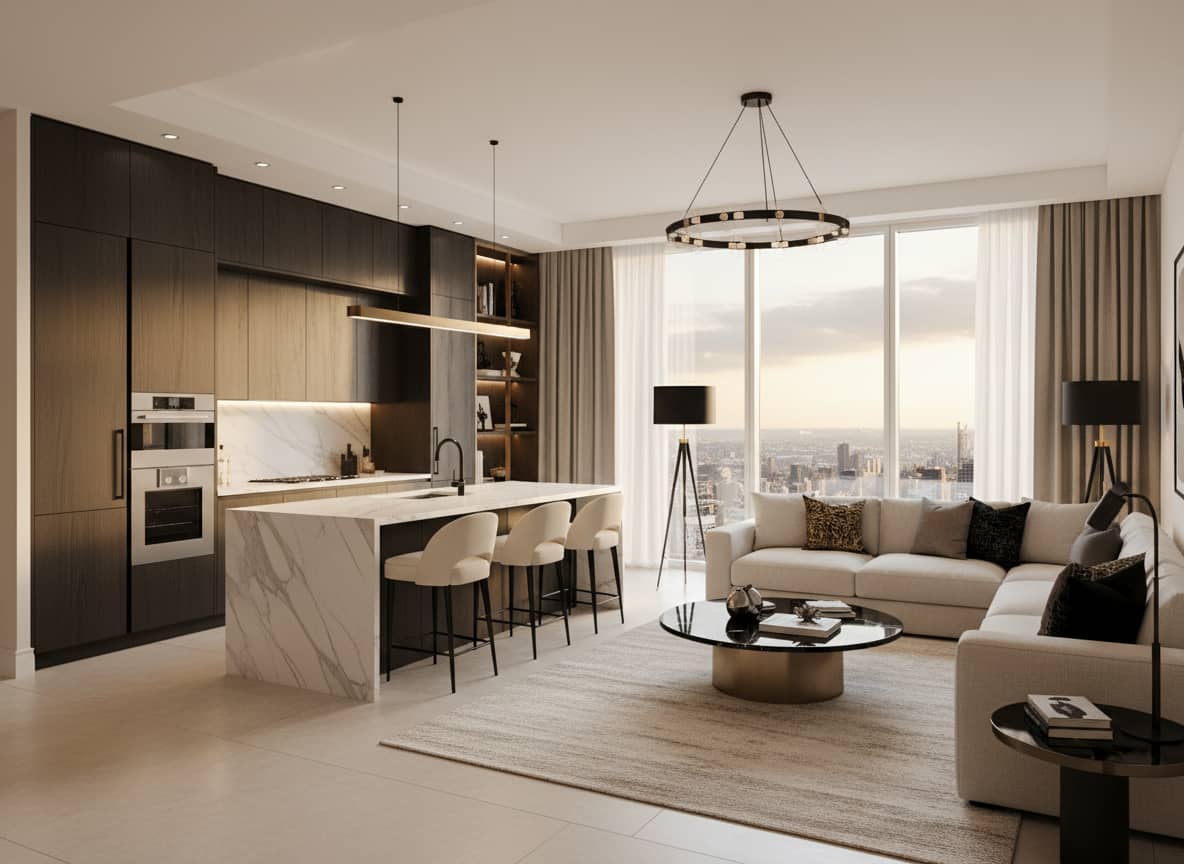 Luxury serviced apartment with a fully equipped kitchen and open living space in Dubai