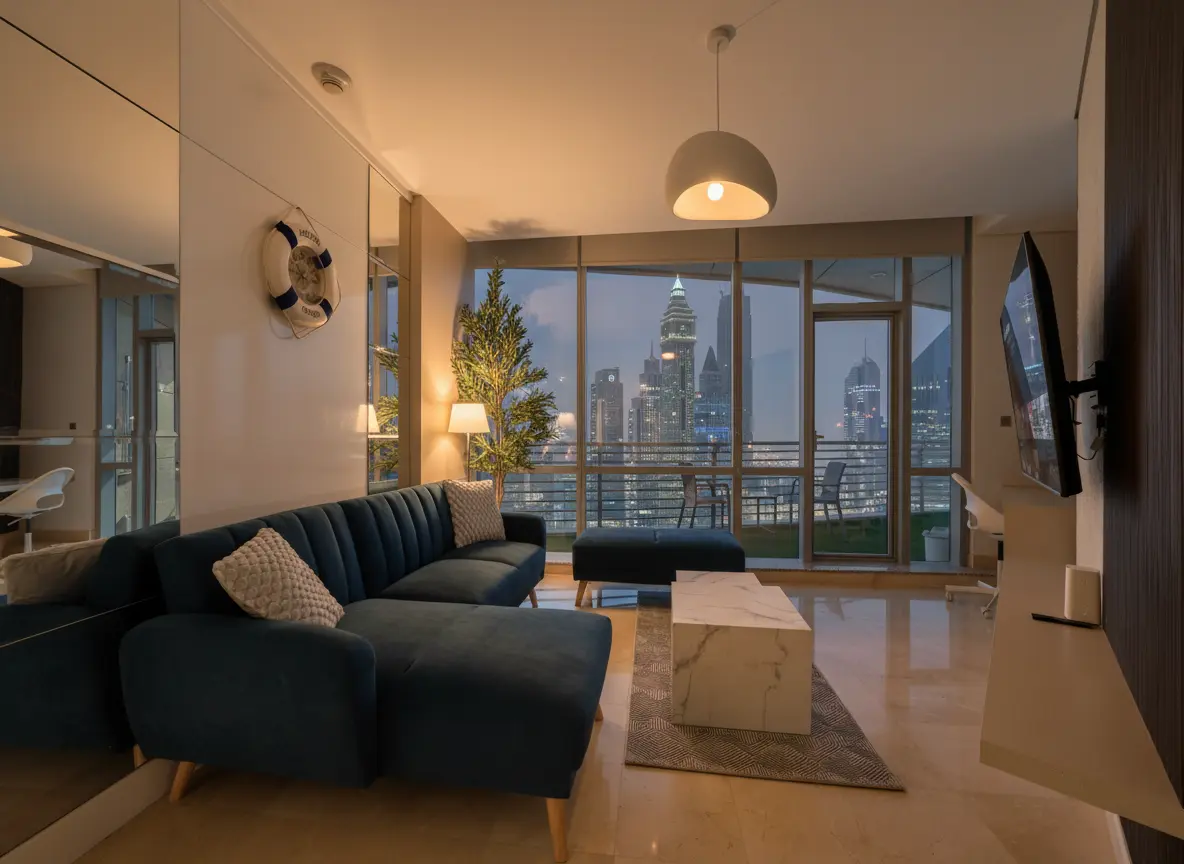 Sky View Studio living area with skyline night views at Sky Gardens DIFC Dubai