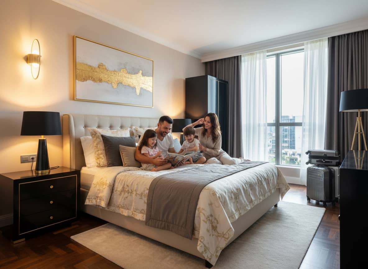 Relocating family settling into a luxury serviced apartment in Dubai