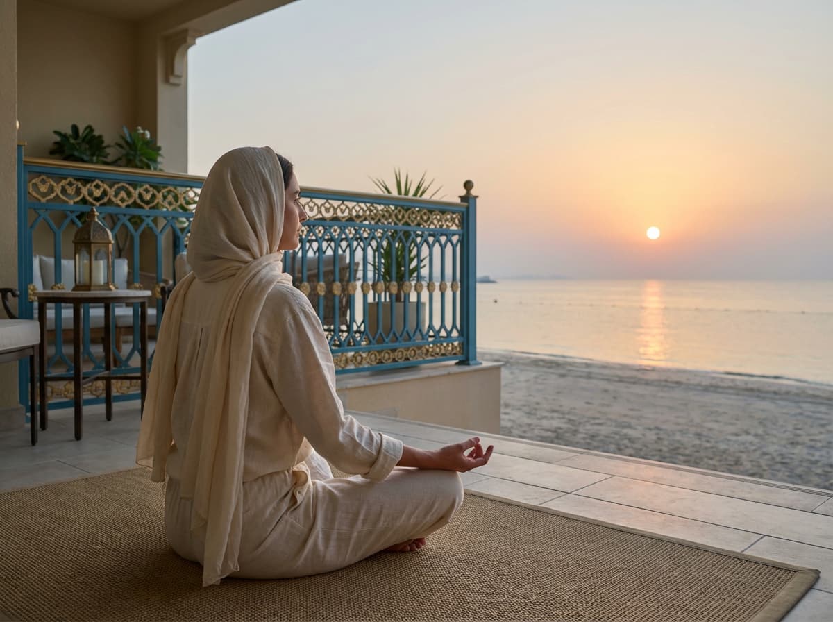 Woman meditating on beachfront terrace at sunrise during Ramadan