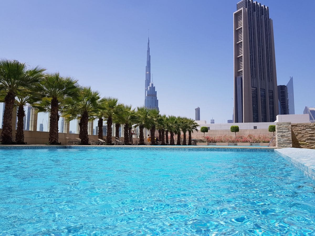 Burj Daman DIFC Dubai pool with Burj Khalifa views
