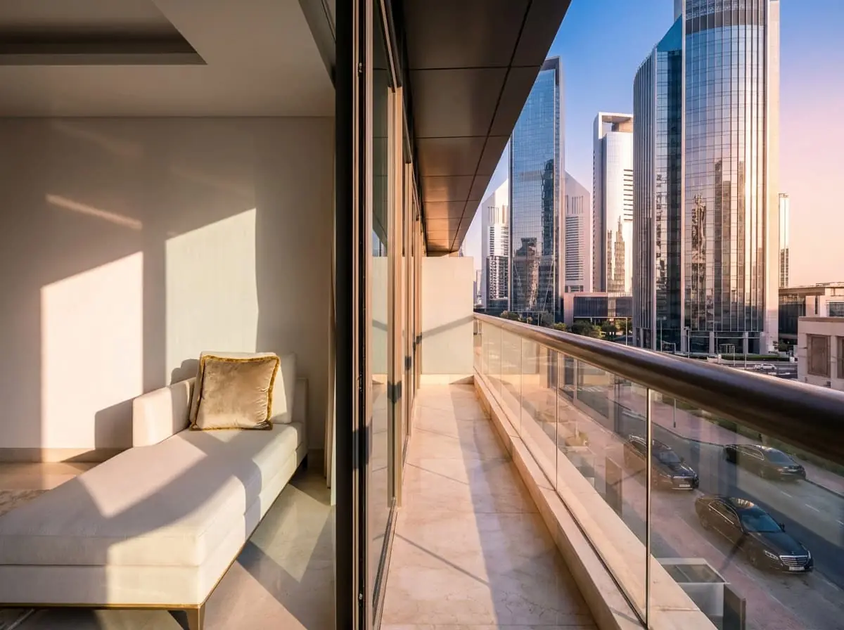 DIFC executive serviced apartment balcony with Dubai skyline view